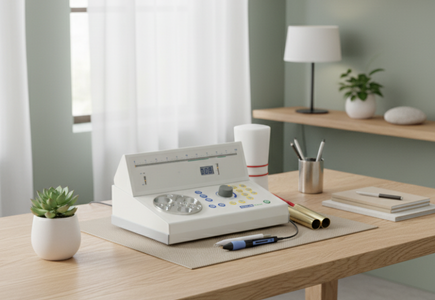 appareil de test et de traitement complet des méridiens de l'entreprise Kindling posé sur un bureau dans un cabinet de thérapeute